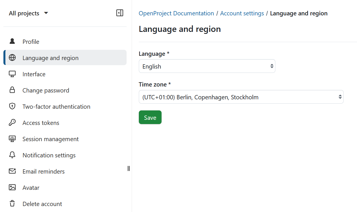 OpenProject personal account settings