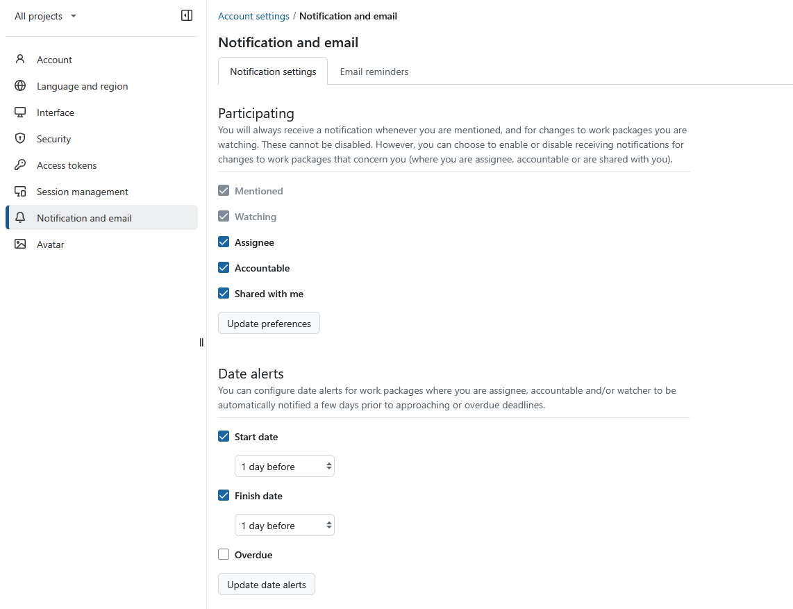Notification settings in OpenProject account settings