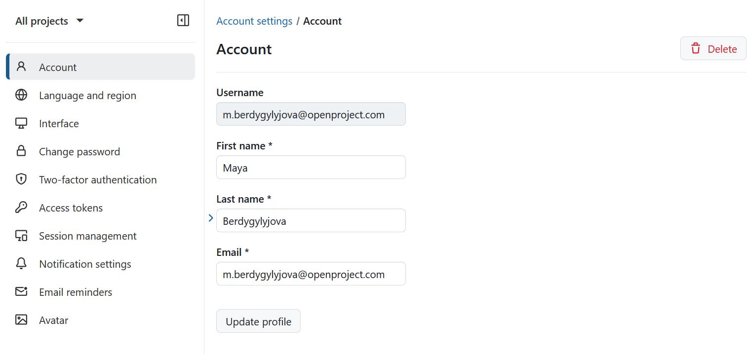 Konto-Einstellungen in OpenProject
