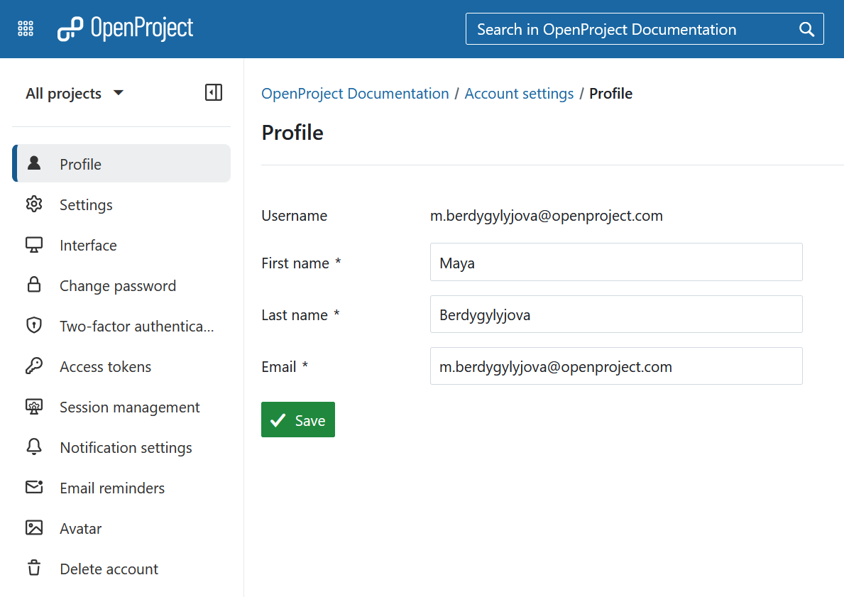 Profile settings in OpenProject