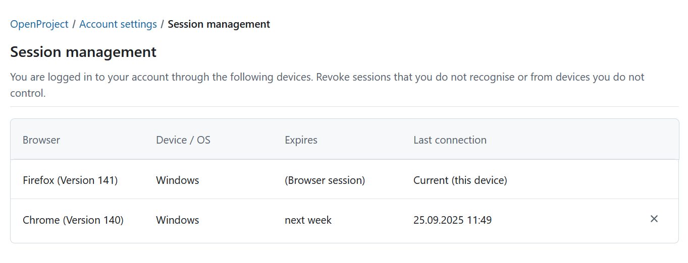 Sessions management in OpenProject account settings