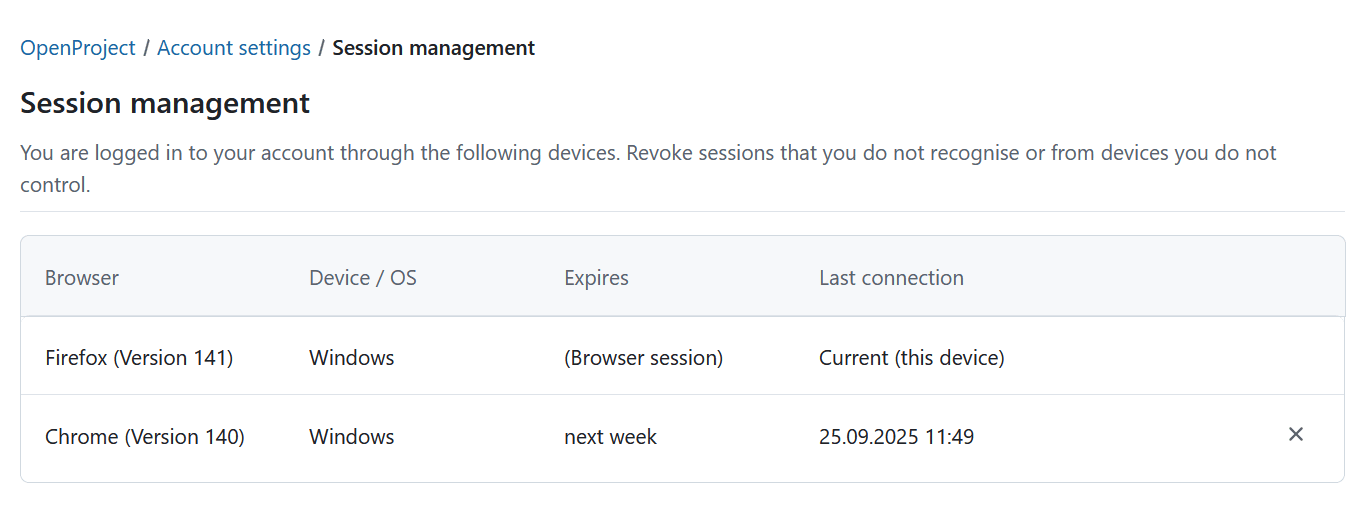Sessions management in OpenProject account settings