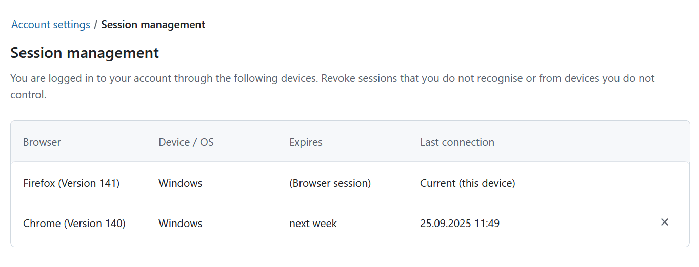 Sitzungsverwaltung in den OpenProject-Kontoeinstellungen