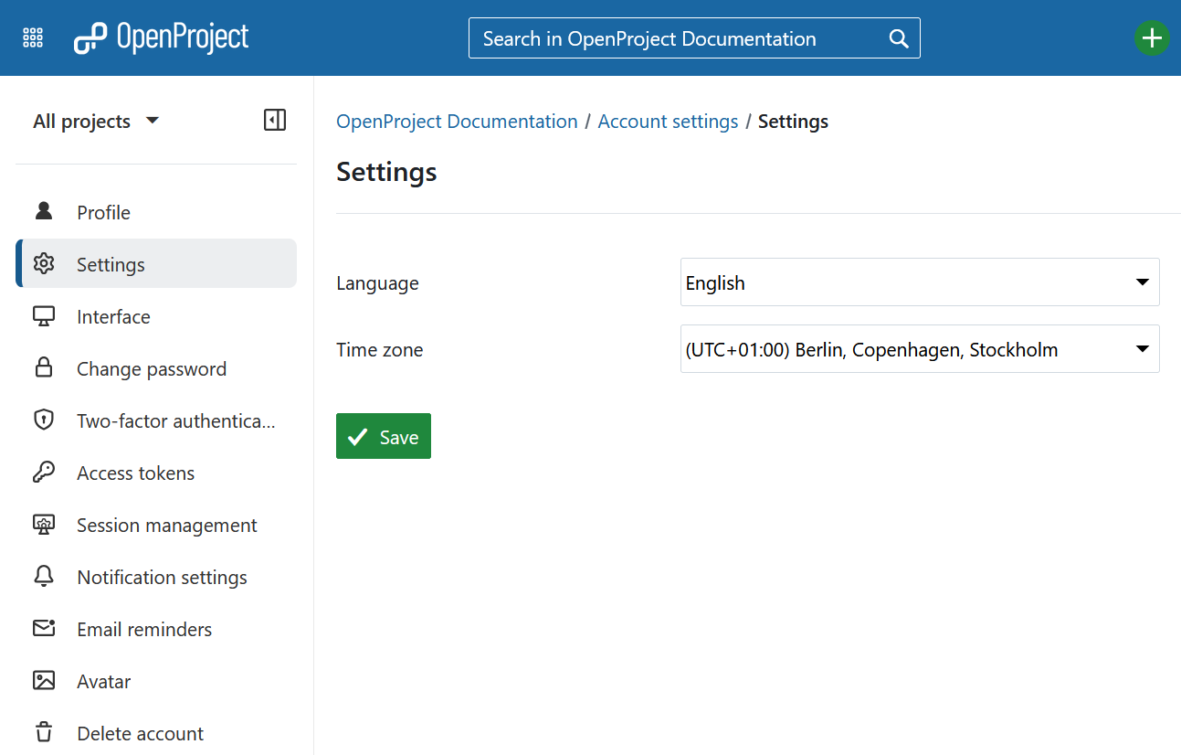 OpenProject personal account settings
