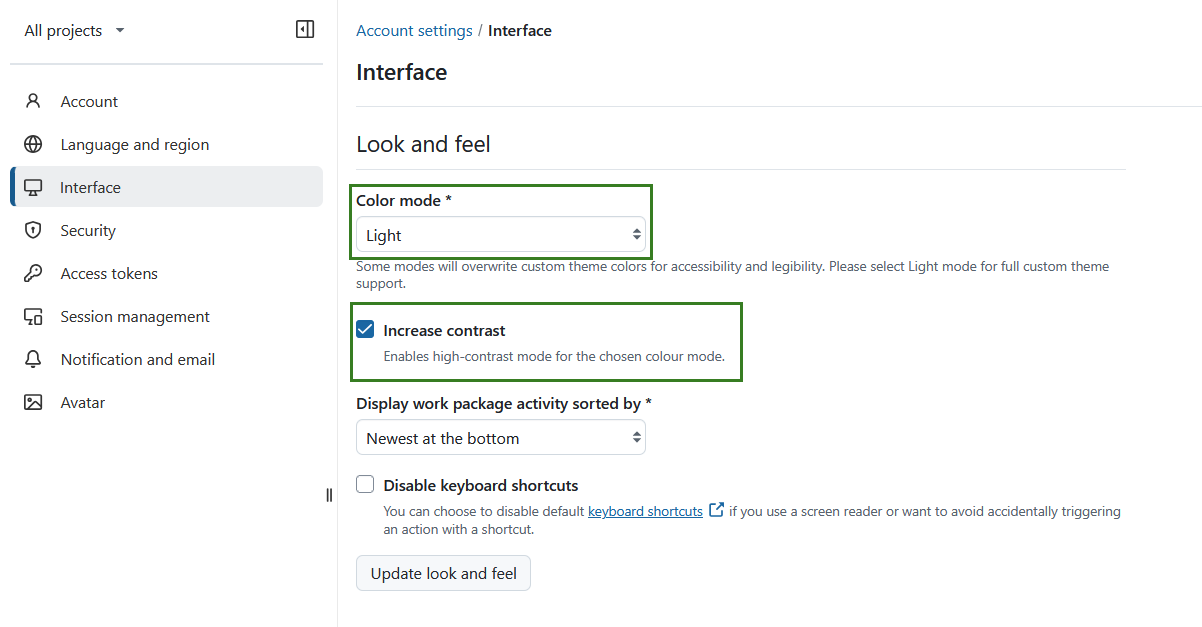 Light mode with increased contrast selected in OpenProject account settings