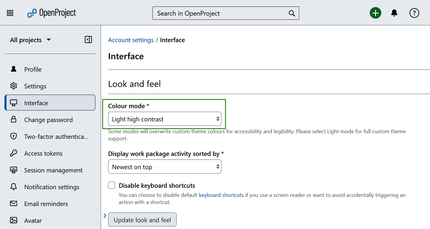 High contrast mode in OpenProject account settings
