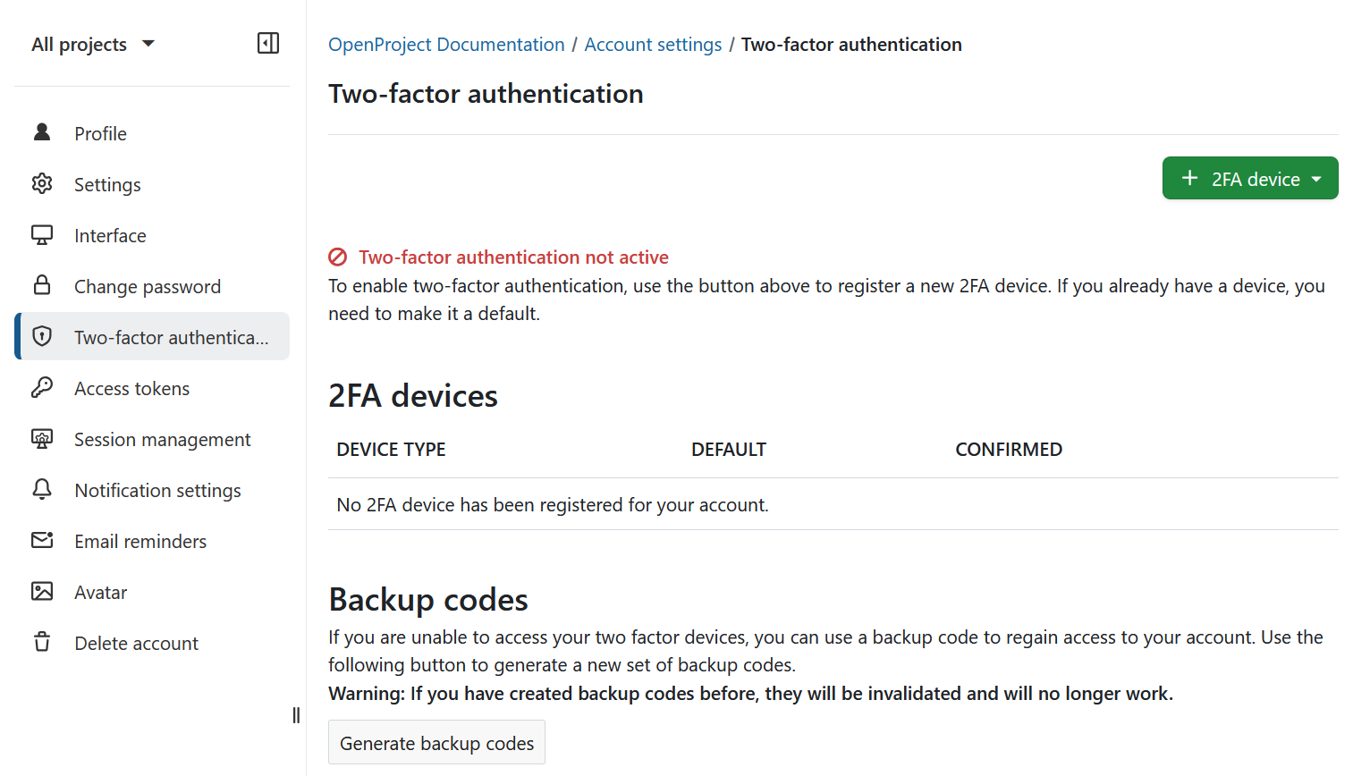 Two-factor authentication in OpenProject account settings