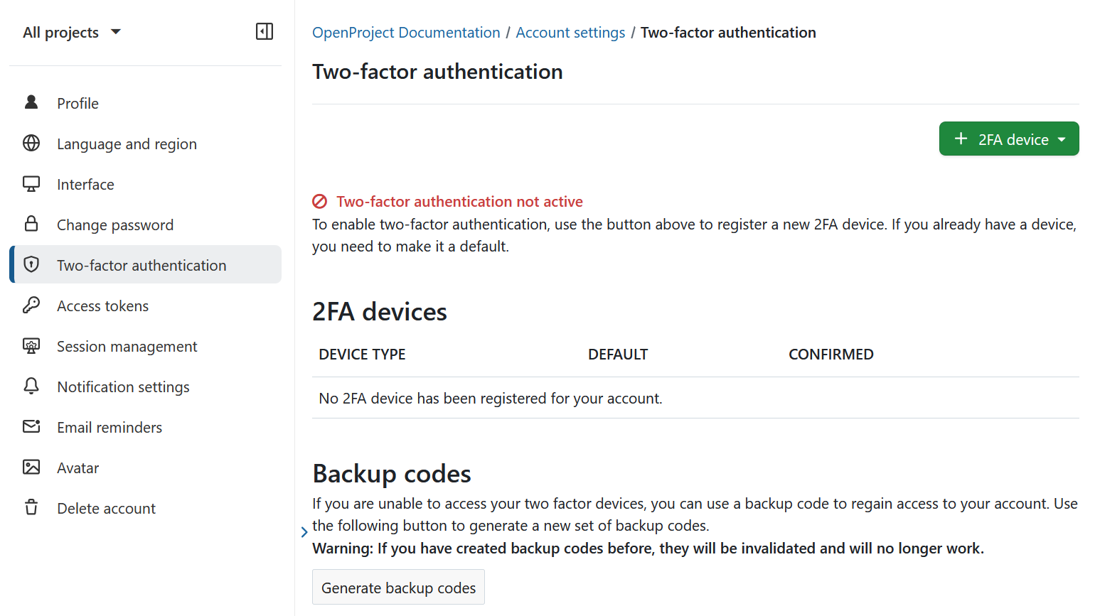 Two-factor authentication in OpenProject account settings