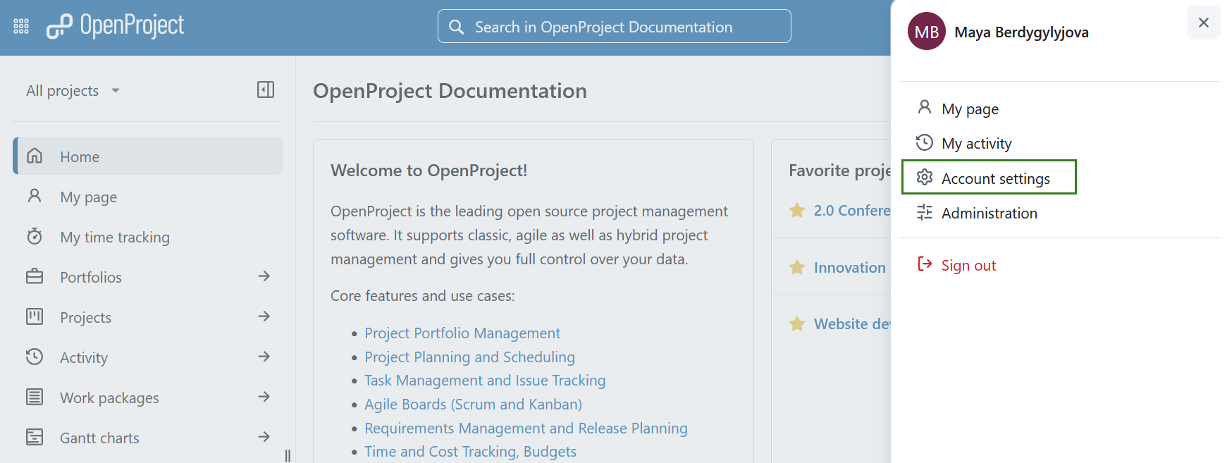 Account settings in OpenProject