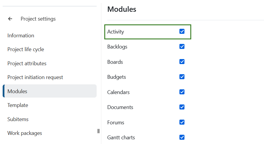 Active el módulo «Actividad» en la sección «Módulos» de la configuración del proyecto