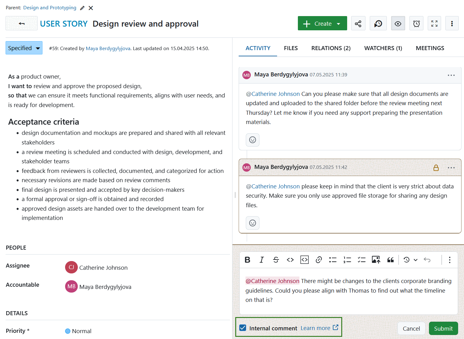 Caixa de verificação de comentário interno selecionada ao adicionar um comentário interno a um pacote de trabalho do OpenProject