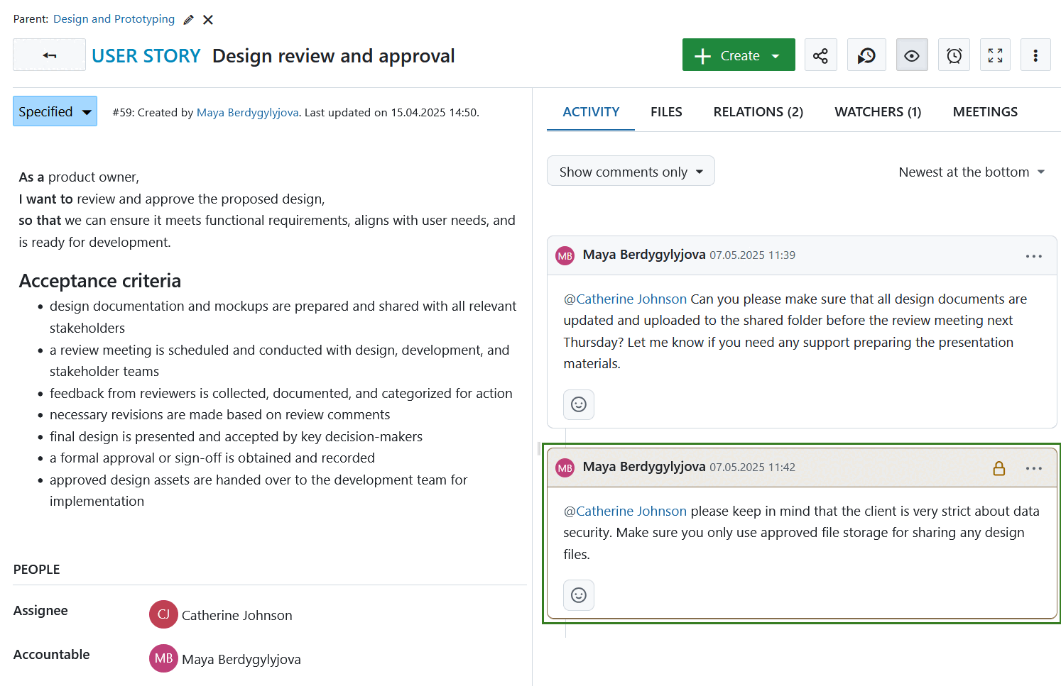 Exemplo de um comentário interno apresentado no separador Atividade de um pacote de trabalho do OpenProject
