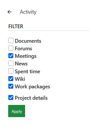 Filtros de actividad del proyecto