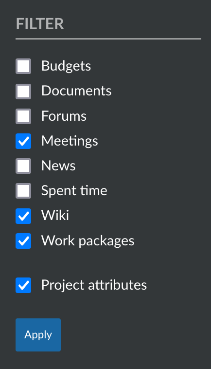 Filtros da atividade de projeto