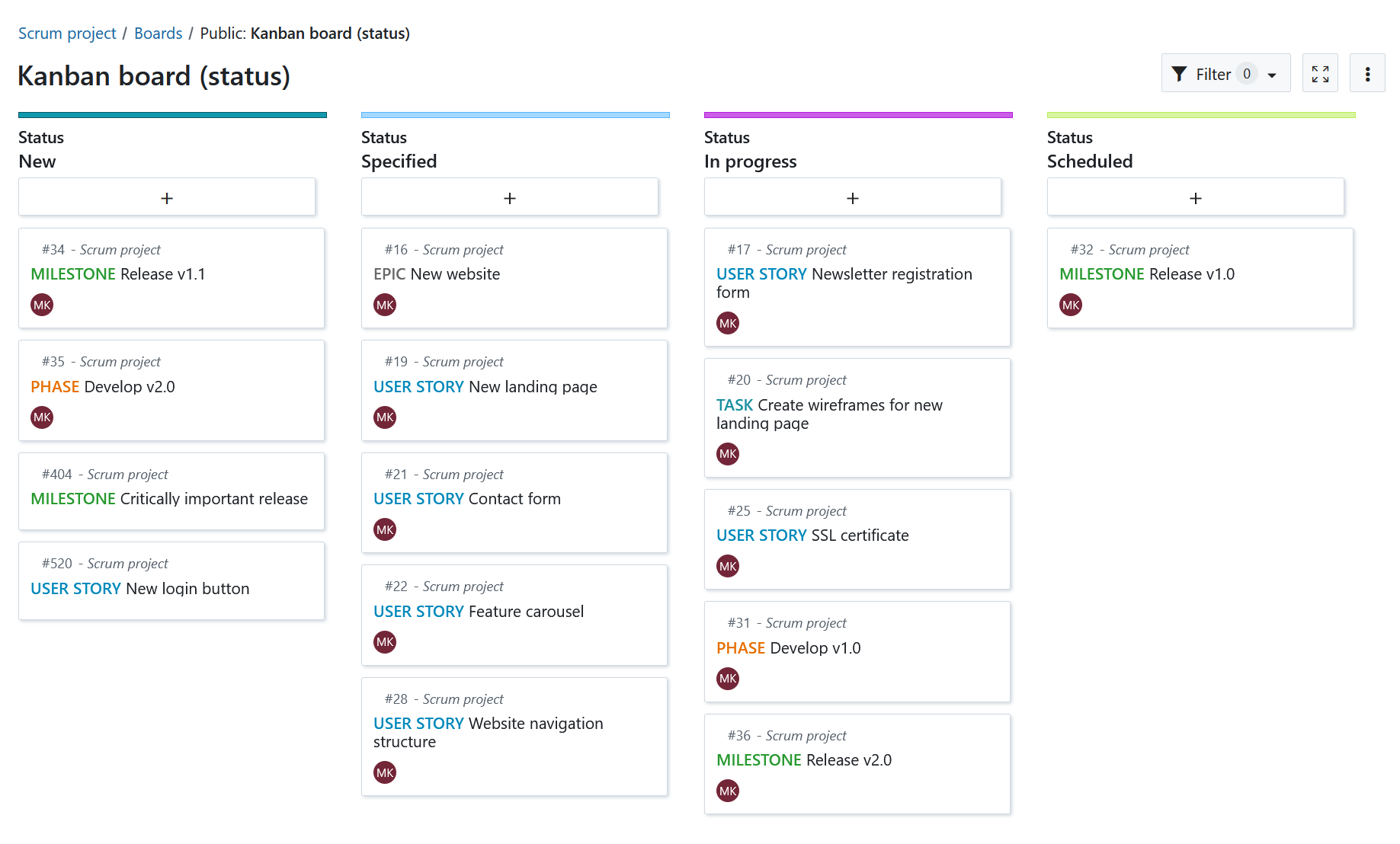 Beispiel für eine Kanban-Tafel im Modul OpenProject-Boards