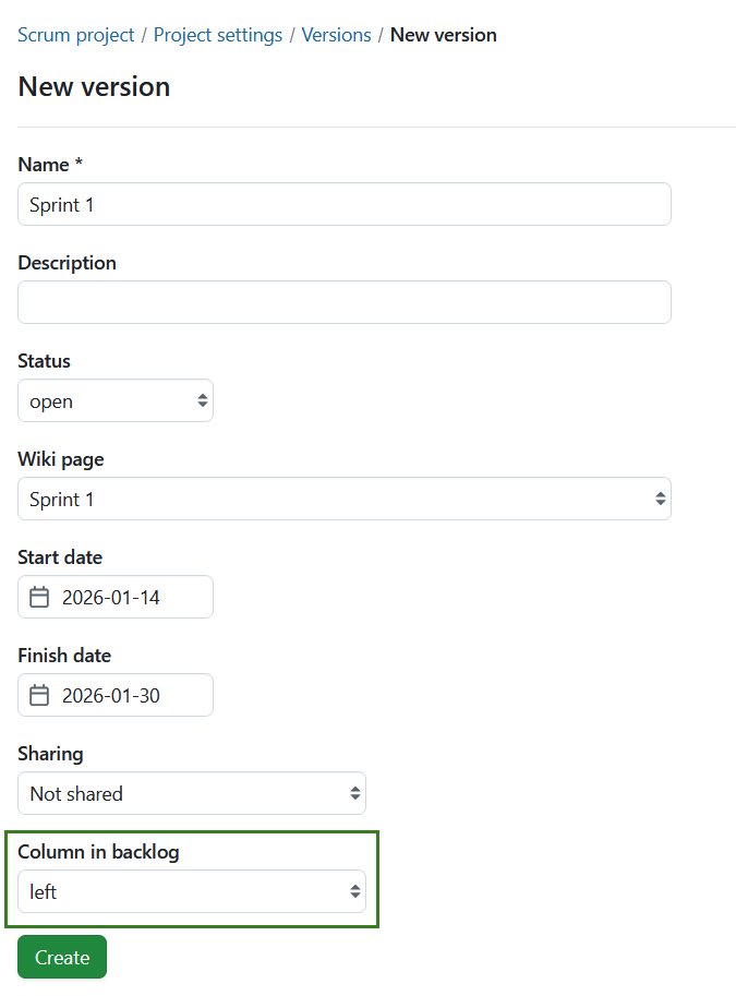 Select column location for OpenProject backlogs under project settings