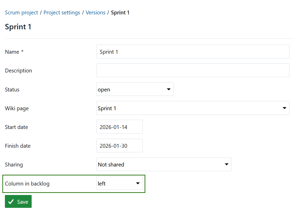 Select column location for OpenProject backlogs under project settings