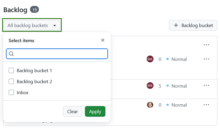Filtre pour tous les compartiments du backlog et les sprints