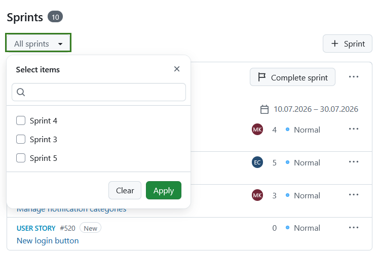 Filtre pour tous les sprints du backlog et les sprints
