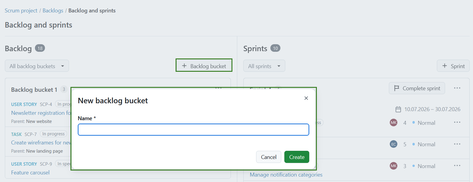 Module Backlogs dans OpenProject montrant les éléments du backlog et plusieurs sprints avec des lots de travaux