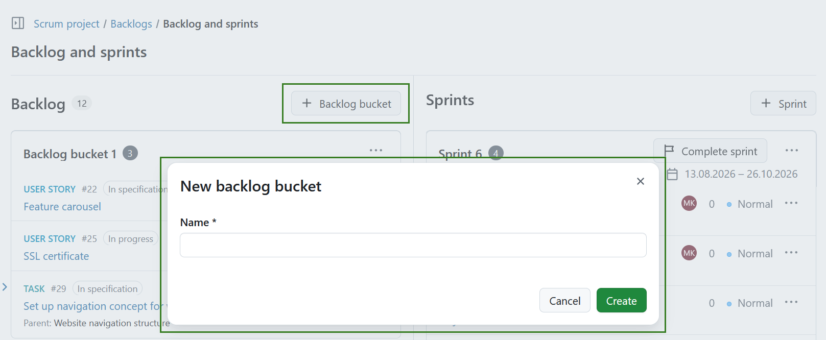 Módulo de backlogs en OpenProject mostrando elementos de backlog y múltiples sprints con paquetes de trabajo