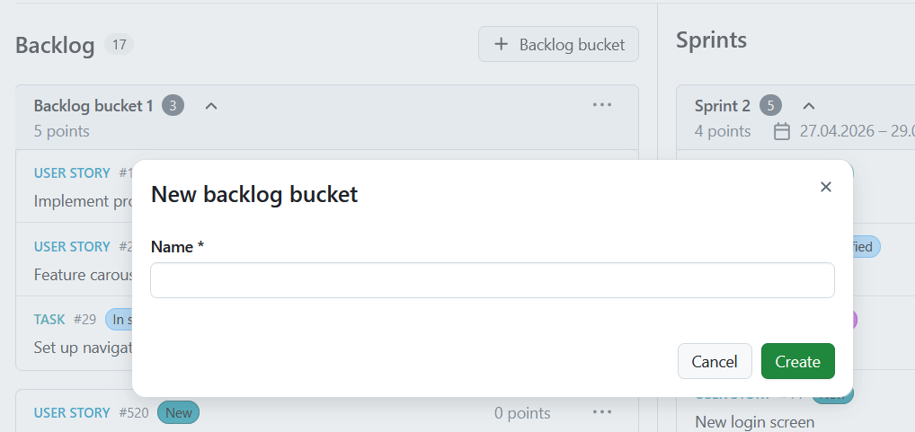 Módulo de Backlogs no OpenProject a apresentar elementos de backlog e múltiplos sprints com pacotes de trabalho
