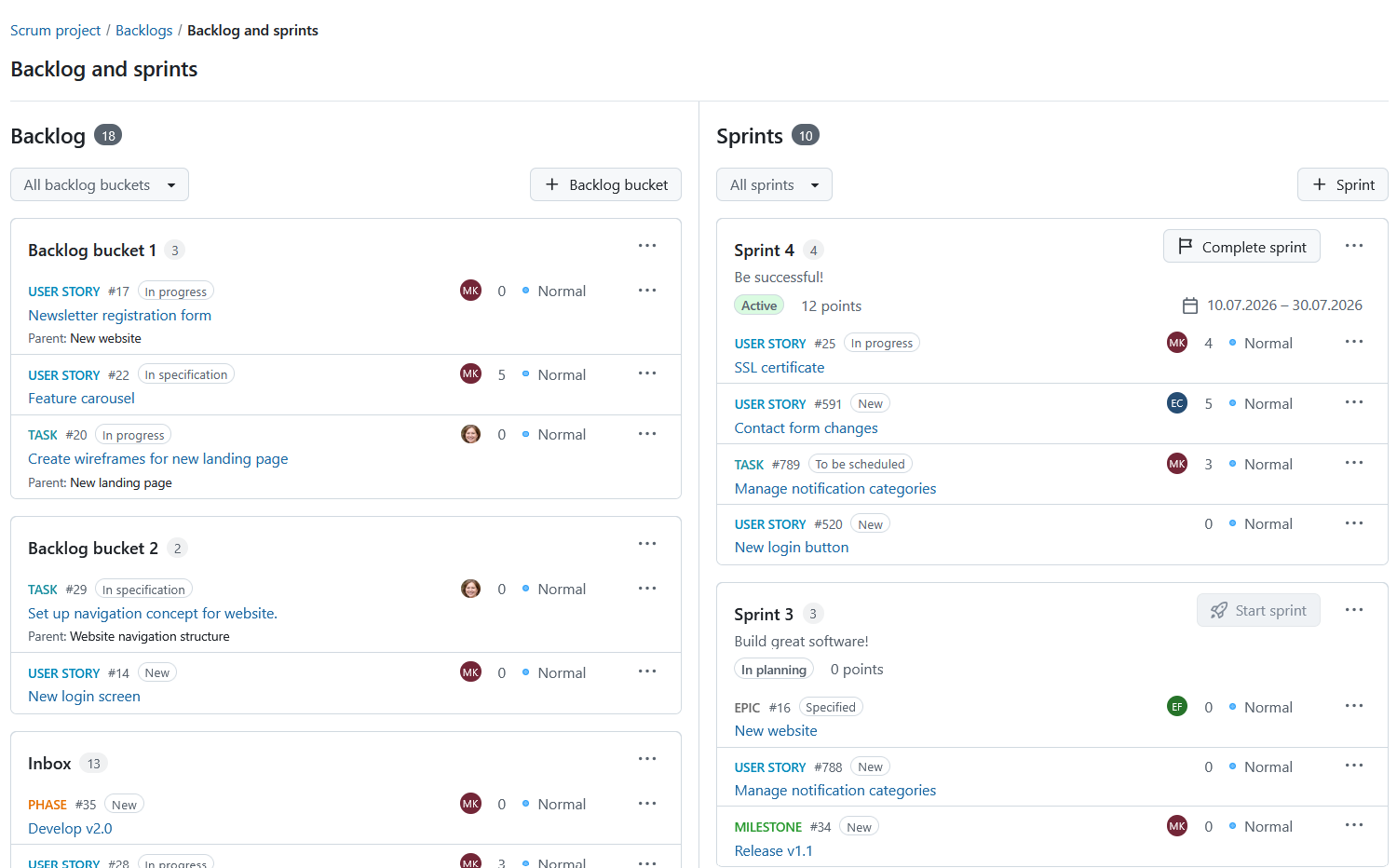 Module Backlogs dans OpenProject montrant les éléments du backlog et plusieurs sprints avec des lots de travaux