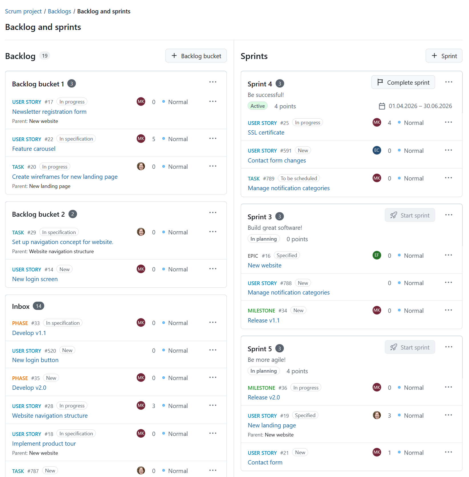Backlogs module in OpenProject showing backlog items and multiple sprints with work packages