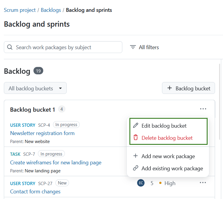 Menu option to edit and delete a backlog bucket