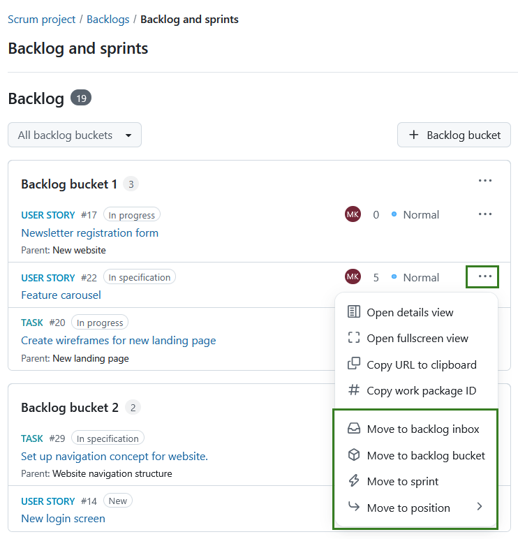 Menu d’options de déplacement pour un élément du backlog montrant les options de réorganisation et d’assignation de sprint