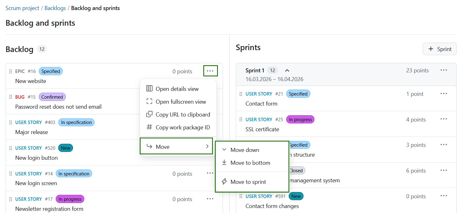 Menú de opciones de movimiento para un elemento del backlog que muestra las opciones de reordenación y asignación de sprints