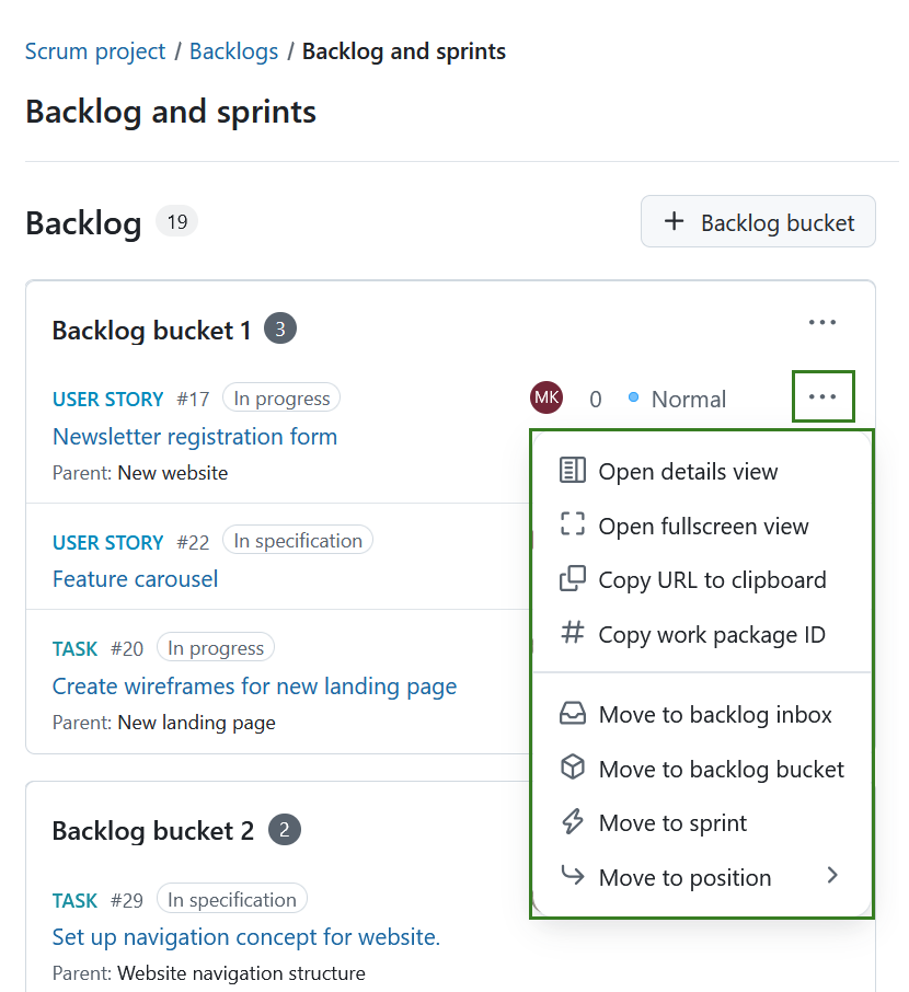 Move options menu for a backlog item showing reorder and sprint assignment options