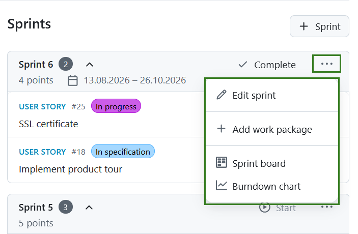 Menu Sprint com opções como editar sprint e adicionar pacote de trabalho