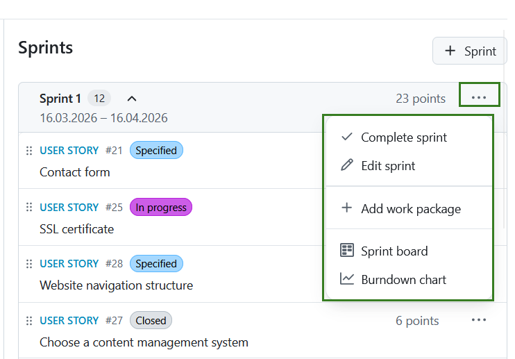 Menú de sprint con opciones como editar sprint, añadir paquete de trabajo, tablero y diagrama de burndown