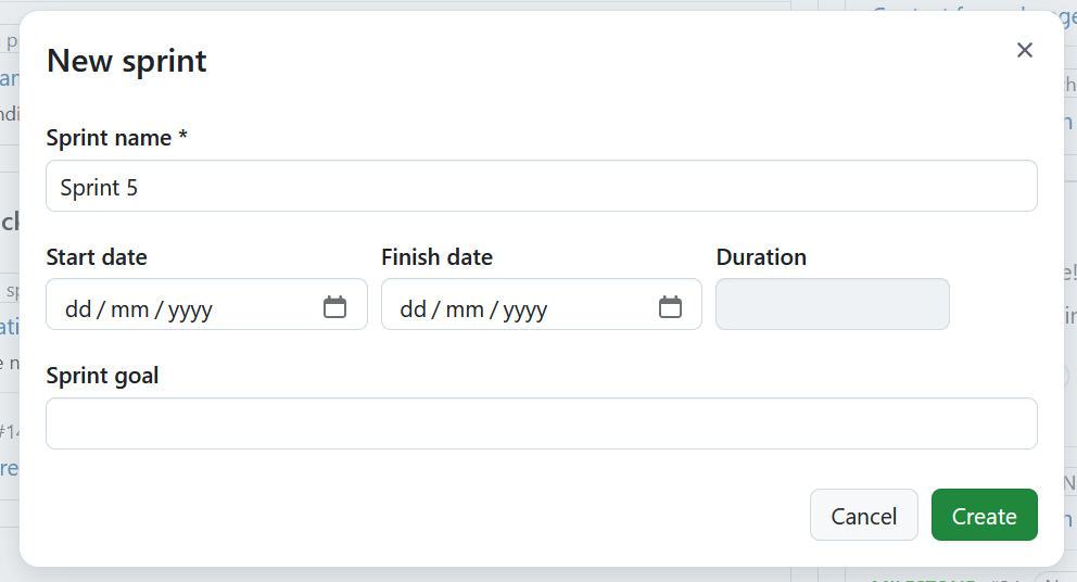 Sprint creation form with fields for name, start date, and end date