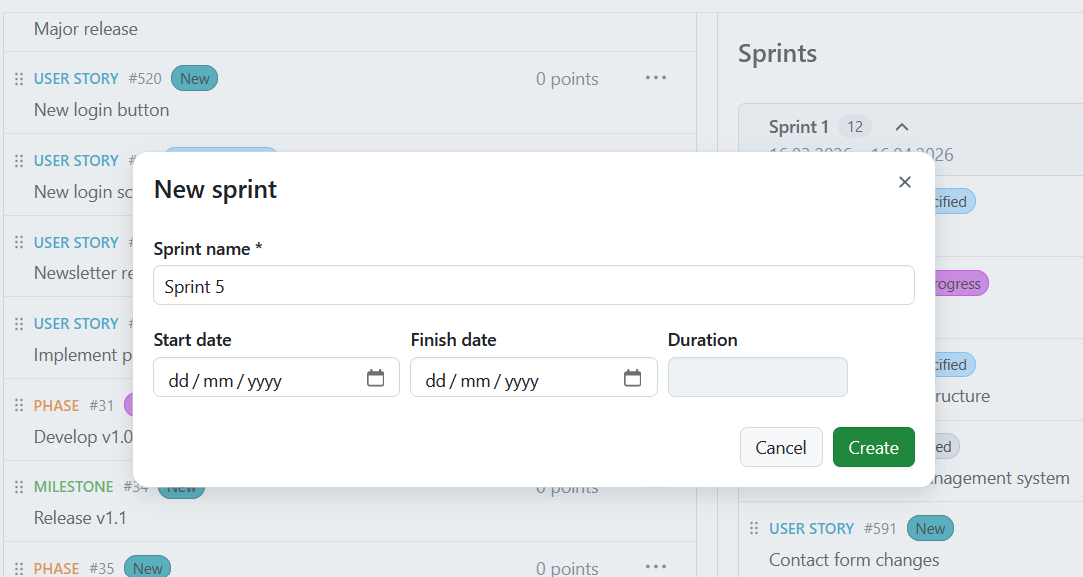 Formulario de creación de Sprint con campos para nombre, fecha de inicio y fecha de finalización