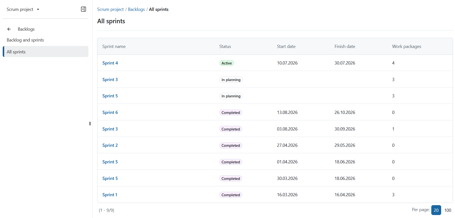 Aperçu de tous les sprints dans le module « Backlogs »