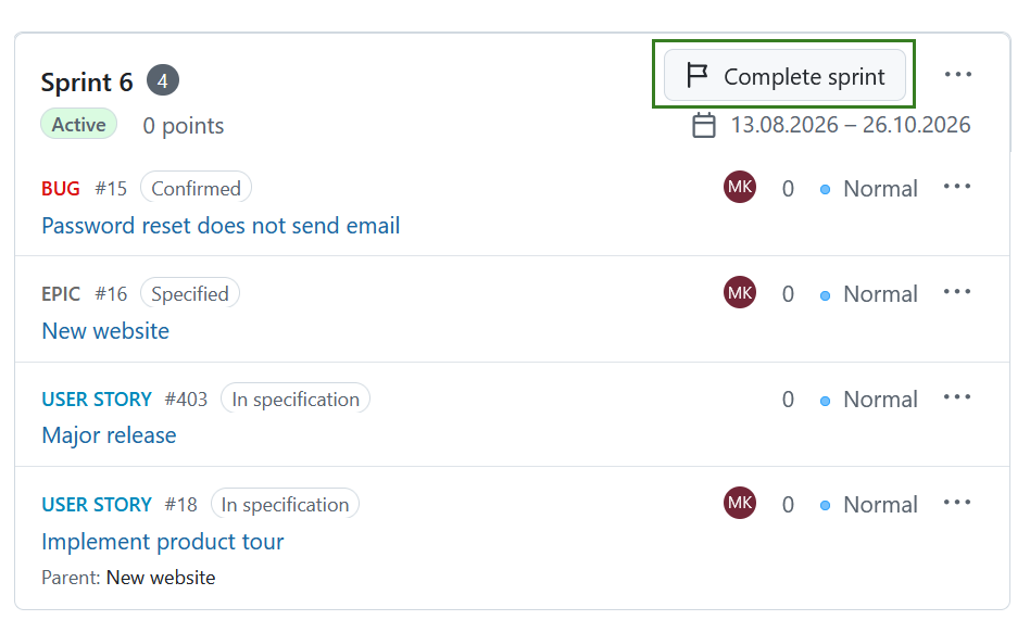Botón de sprint completo en la interfaz del módulo Backlogs