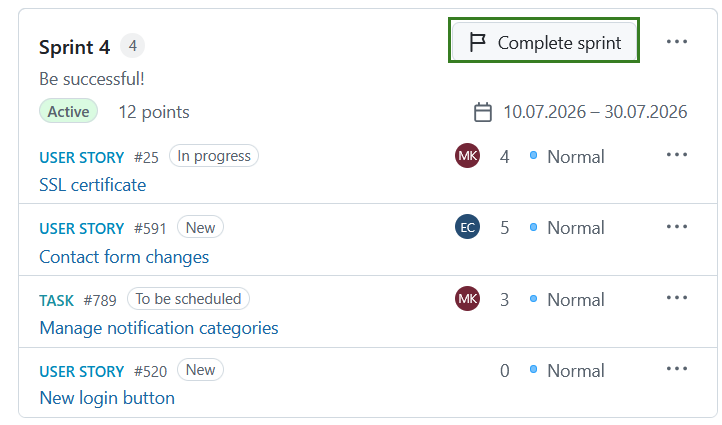 Bouton de sprint complet dans l’interface du module Backlogs
