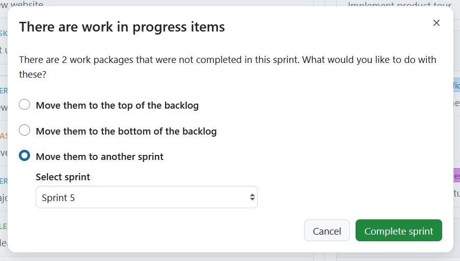 Formulário para selecionar como proceder com os elementos em curso ao concluir um sprint no OpenProject