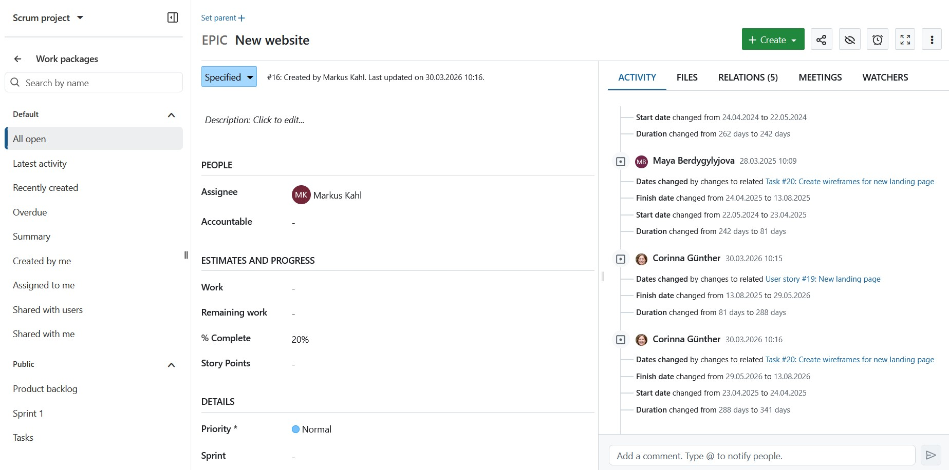 Paquete de trabajo abierto a pantalla completa en OpenProject