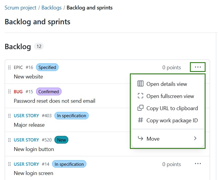 Menú de paquetes de backlogs con opciones como vista detallada, copiar enlace y mover