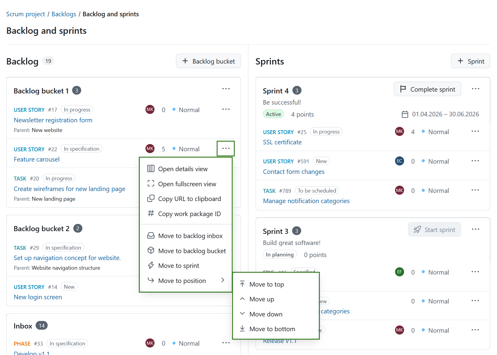Backlog work package menu with options like details view, copy link, and move