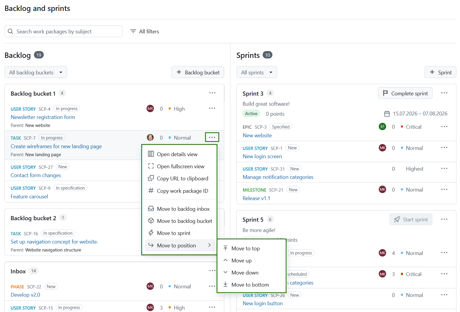 Backlog work package menu with options like details view, copy link, and move