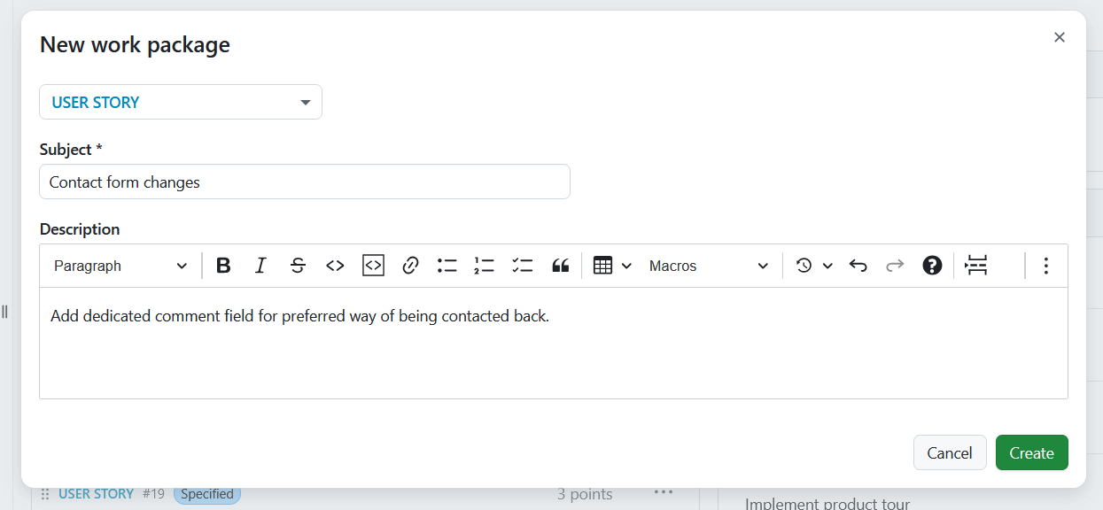 Un nuevo paquete de trabajo añadido a un sprint directamente en el módulo Backlogs de OpenProject