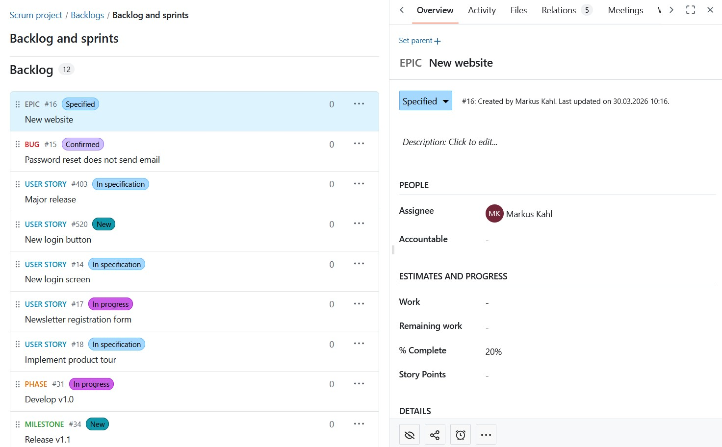 Elemento de backlog abierto en la vista de detalles del panel lateral derecho