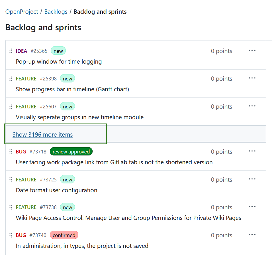 Vista de backlog con muchos elementos ocultos detrás de un enlace «Mostrar más elementos» en el centro