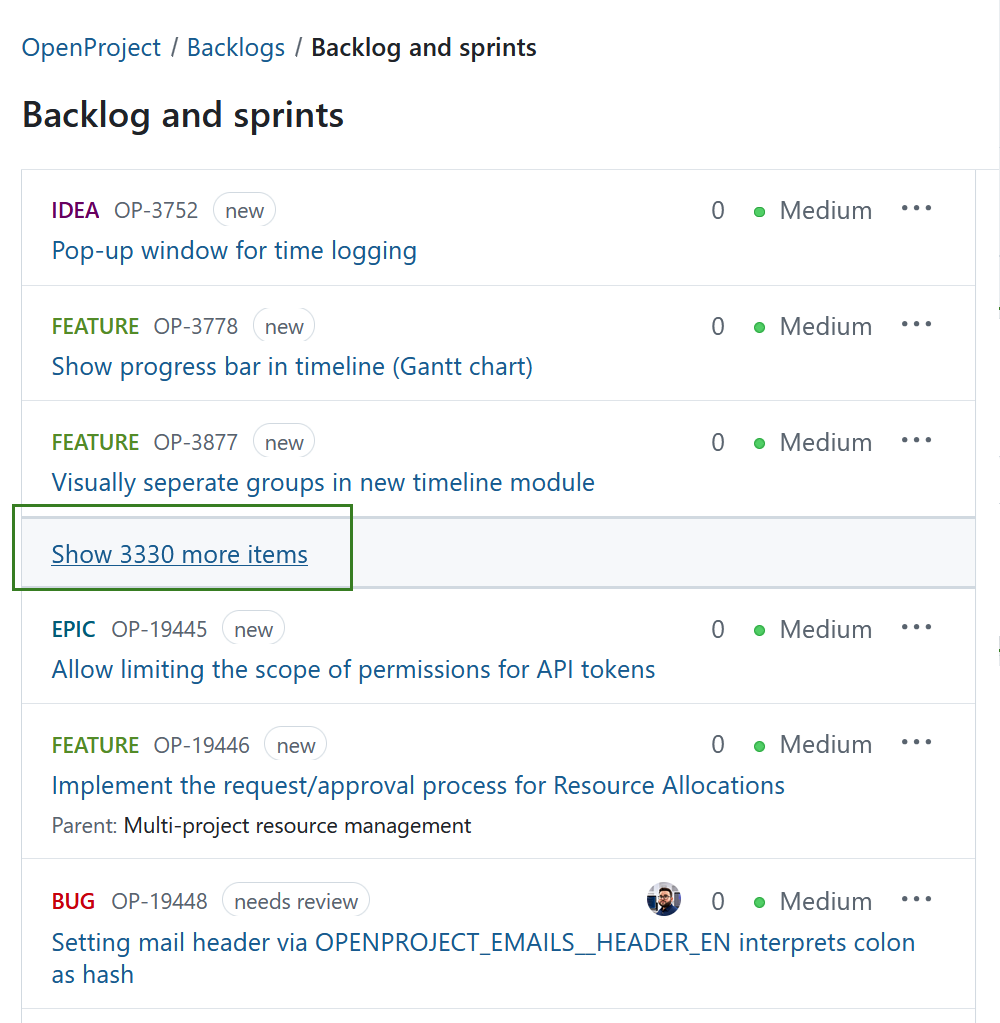 Vista de backlog con muchos elementos colapsados detrás de un enlace «Mostrar más elementos» en el centro