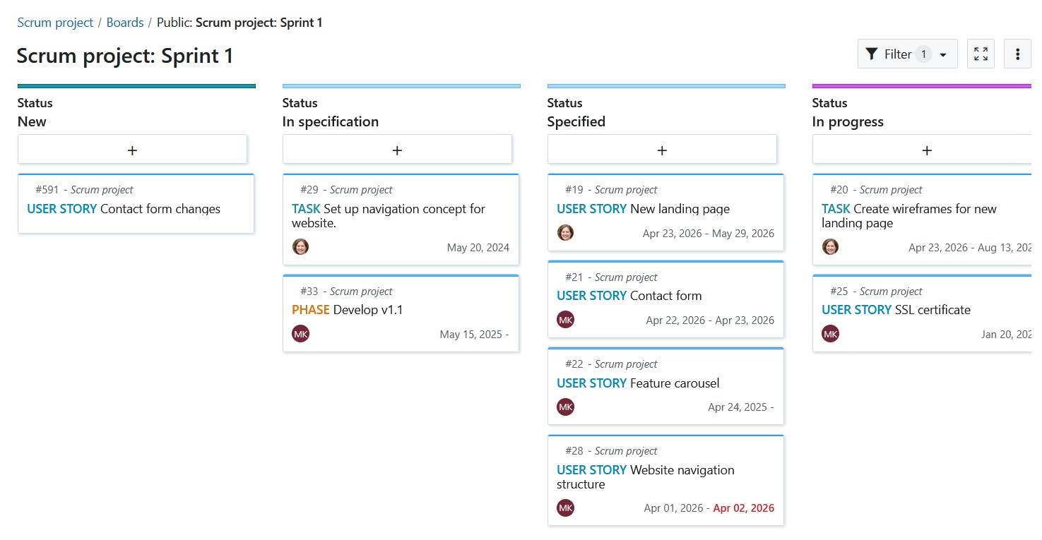 Tablero de sprints que muestra los paquetes de trabajo organizados en columnas para seguir el progreso