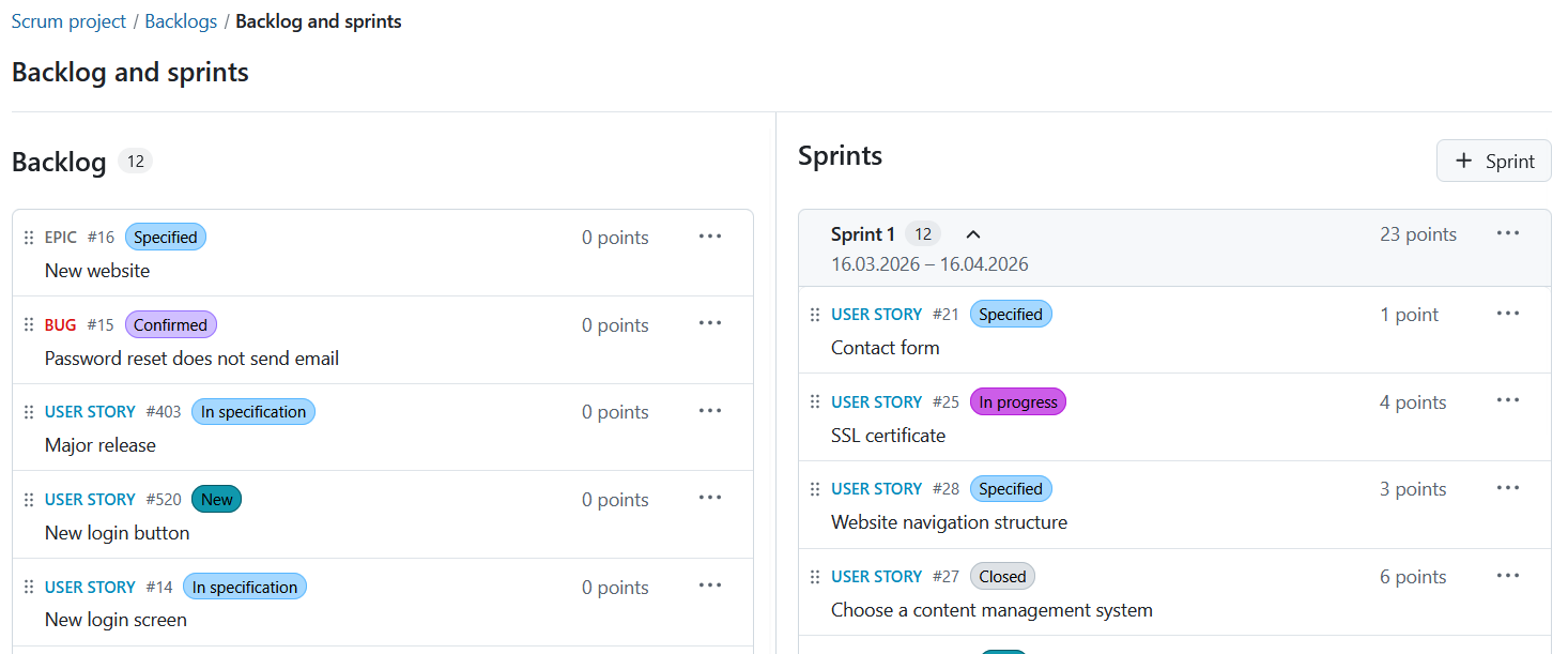 Módulo de backlogs en OpenProject mostrando elementos de backlog y múltiples sprints con paquetes de trabajo
